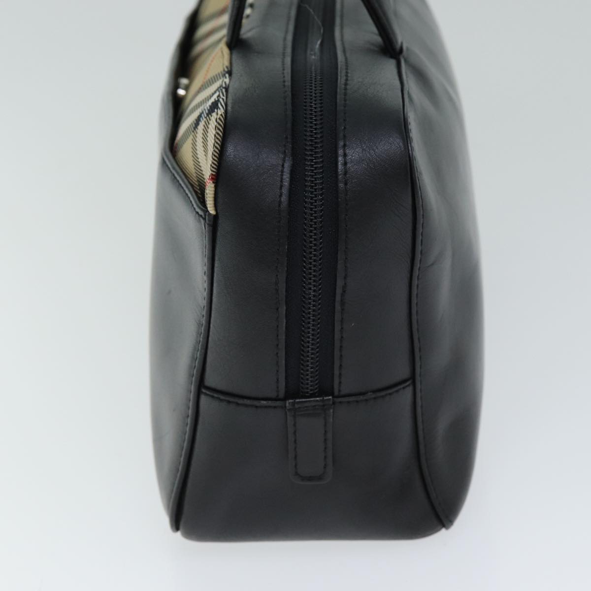 Luxury Burberry Nova Check Hand Bag Leather Canvas Black Beige Auth yk13164