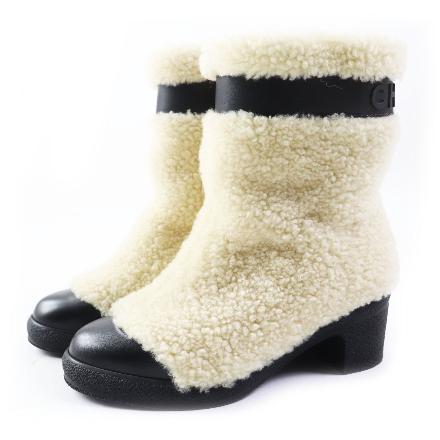 CHANEL short boots G34080 Mouton x leather Black beige Women 34.5