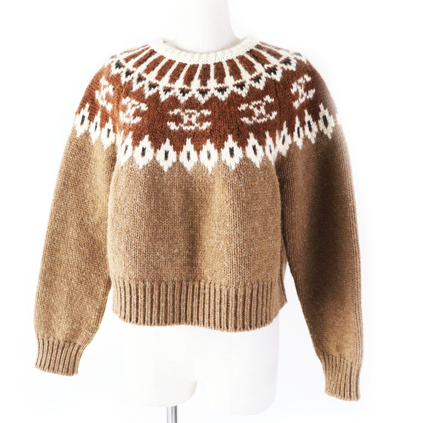 CELINE knit 2ADJ7823V Main: 100% wool Brown type Trim-off Fair Isle jacquard cropped crewneck sweater Women XS