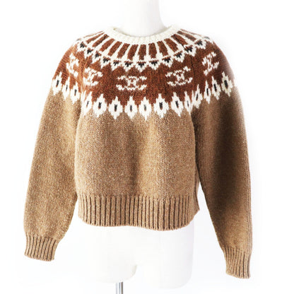CELINE knit 2ADJ7823V Main: 100% wool Brown type Trim-off Fair Isle jacquard cropped crewneck sweater Women XS