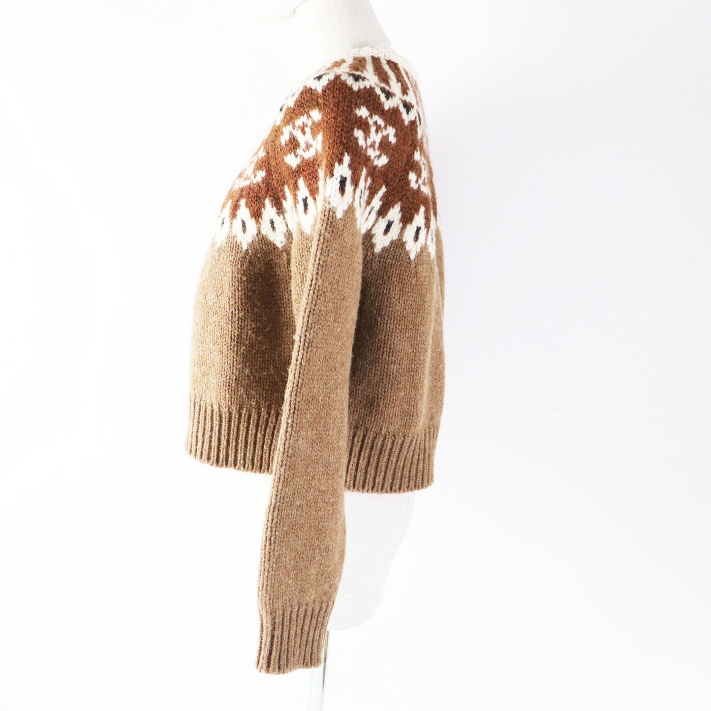 CELINE knit 2ADJ7823V Main: 100% wool Brown type Trim-off Fair Isle jacquard cropped crewneck sweater Women XS