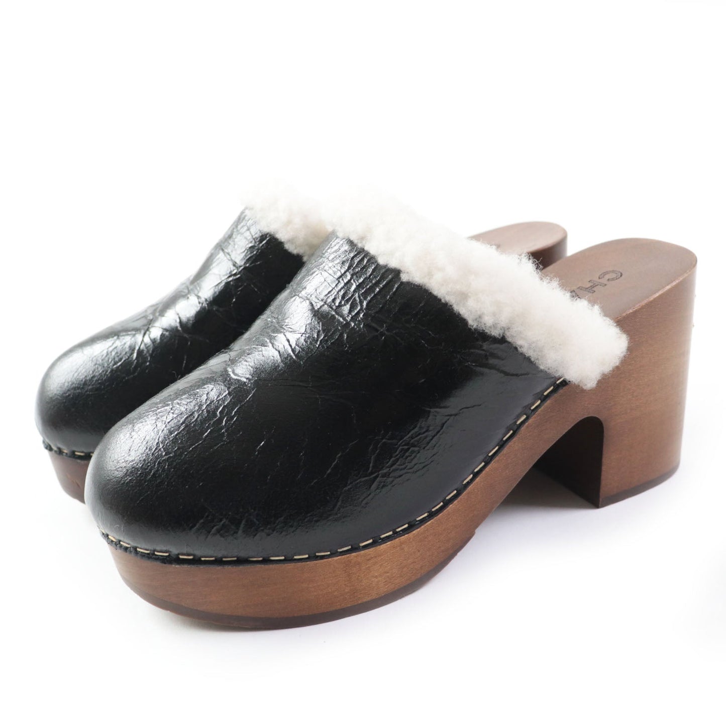 CHANEL Sandals G35368 Sheepskin Wood type Black brown Women 36
