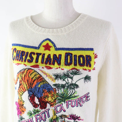 Christian Dior knit 344S57TM152 Outer: 100% cashmere, Part: 100% cotton White mulch Indian Tiger Motif Women 44
