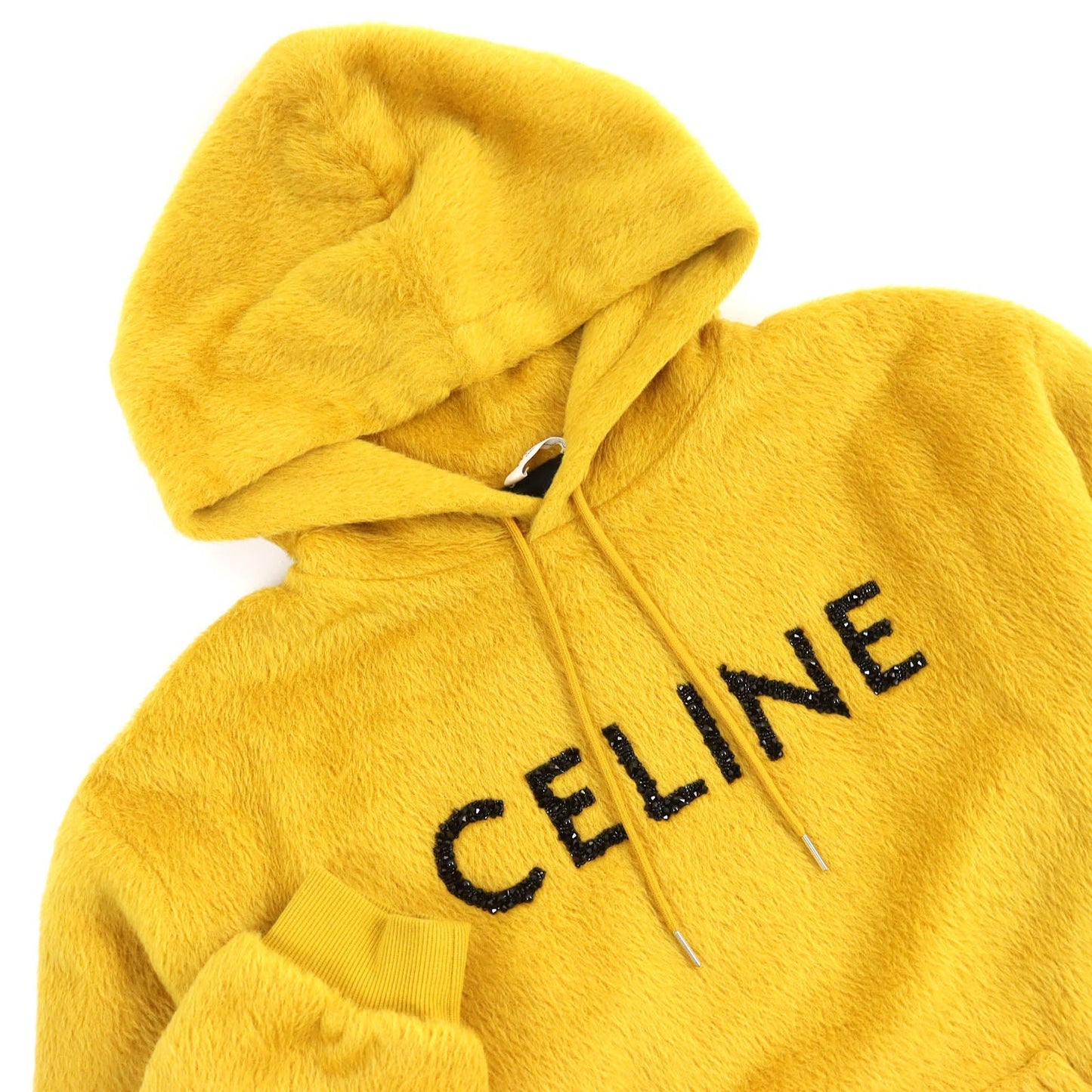 CELINE Hoodie 2Y964925R Outer: 62% alpaca, Outer: 38% wool, Lining: 100% rayon, Rib: 96% cotton, 4% polyurethane, Filling: 100% polyester Mustard Black Fuzzy wool loose fit hoodie mens L
