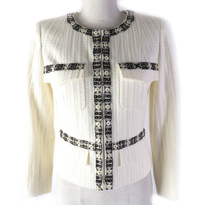 CHANEL No color jacket 03P P23760 Outer: 56% cotton, Outer: 44% linen, Lining: 95% silk, Lining: 5% elastane (polyurethane) Off-white black Women 34