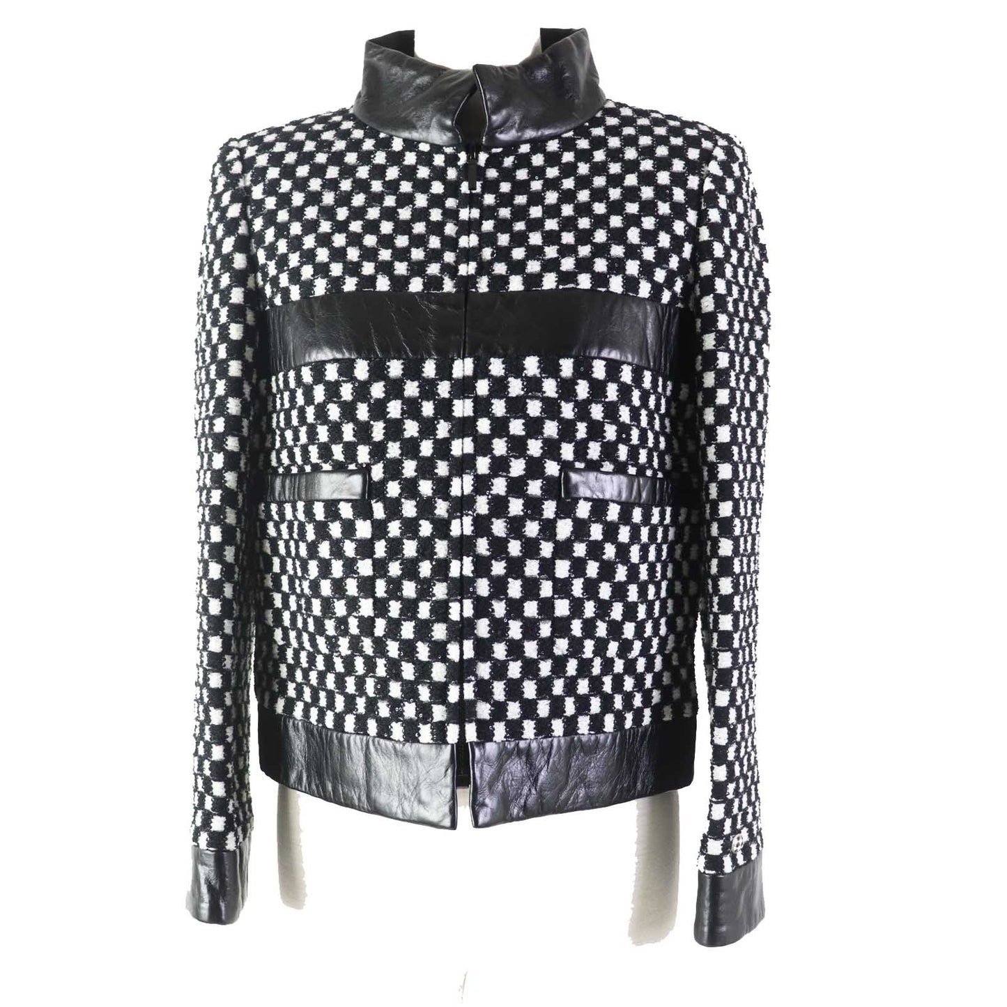 CHANEL Other outerwear P57185 Outer: 59% nylon, Outer: 41% polyester, Lining: 100% silk, Other: 100% lambskin Other: 100% cotton Black White Tweed jacket Women 34