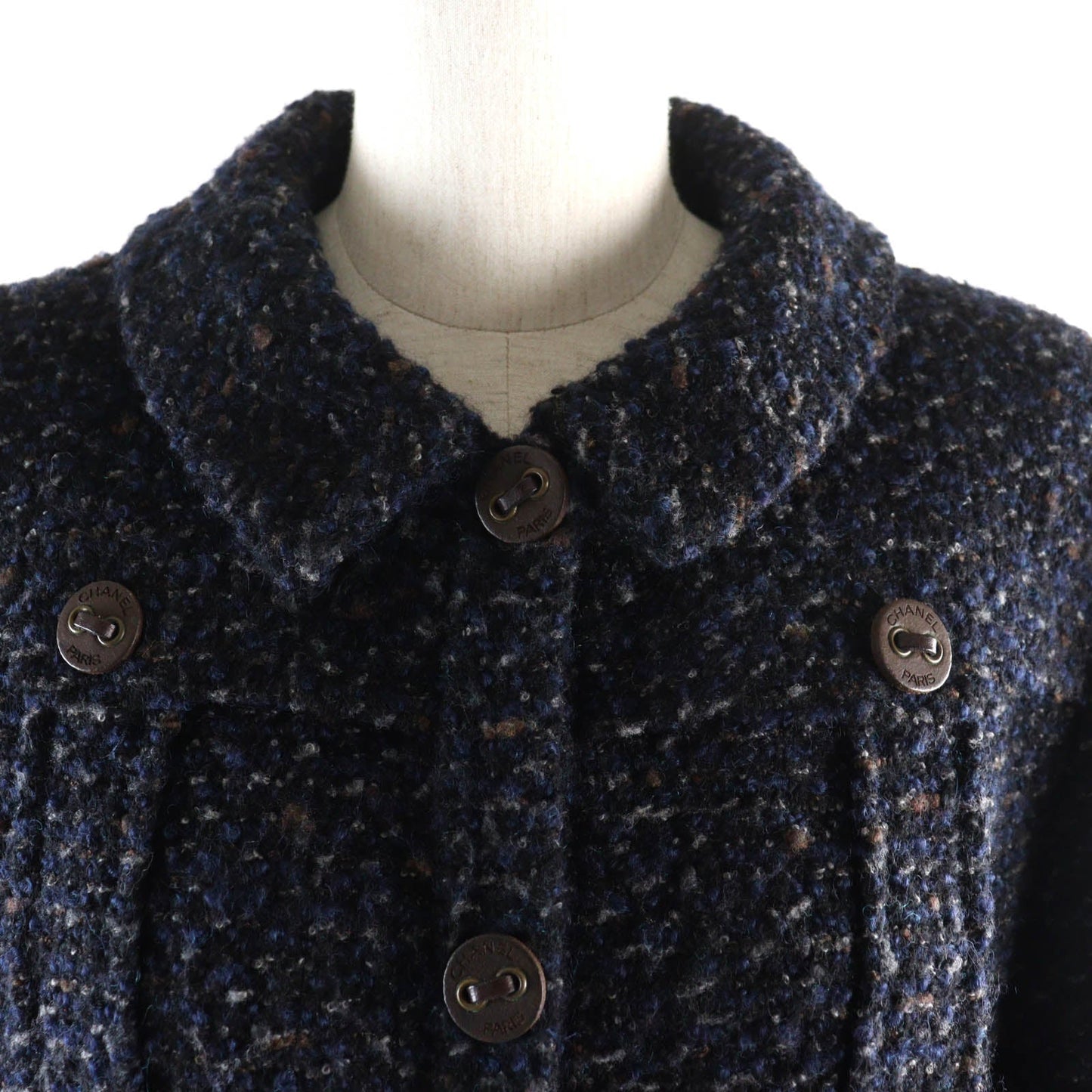 CHANEL coat 02A P19979 Outer: 75% wool, Outer: 20% mohair, Outer: 5% nylon, Lining: 95% silk, Lining: 5% elastane (polyurethane) Navy type Women 46