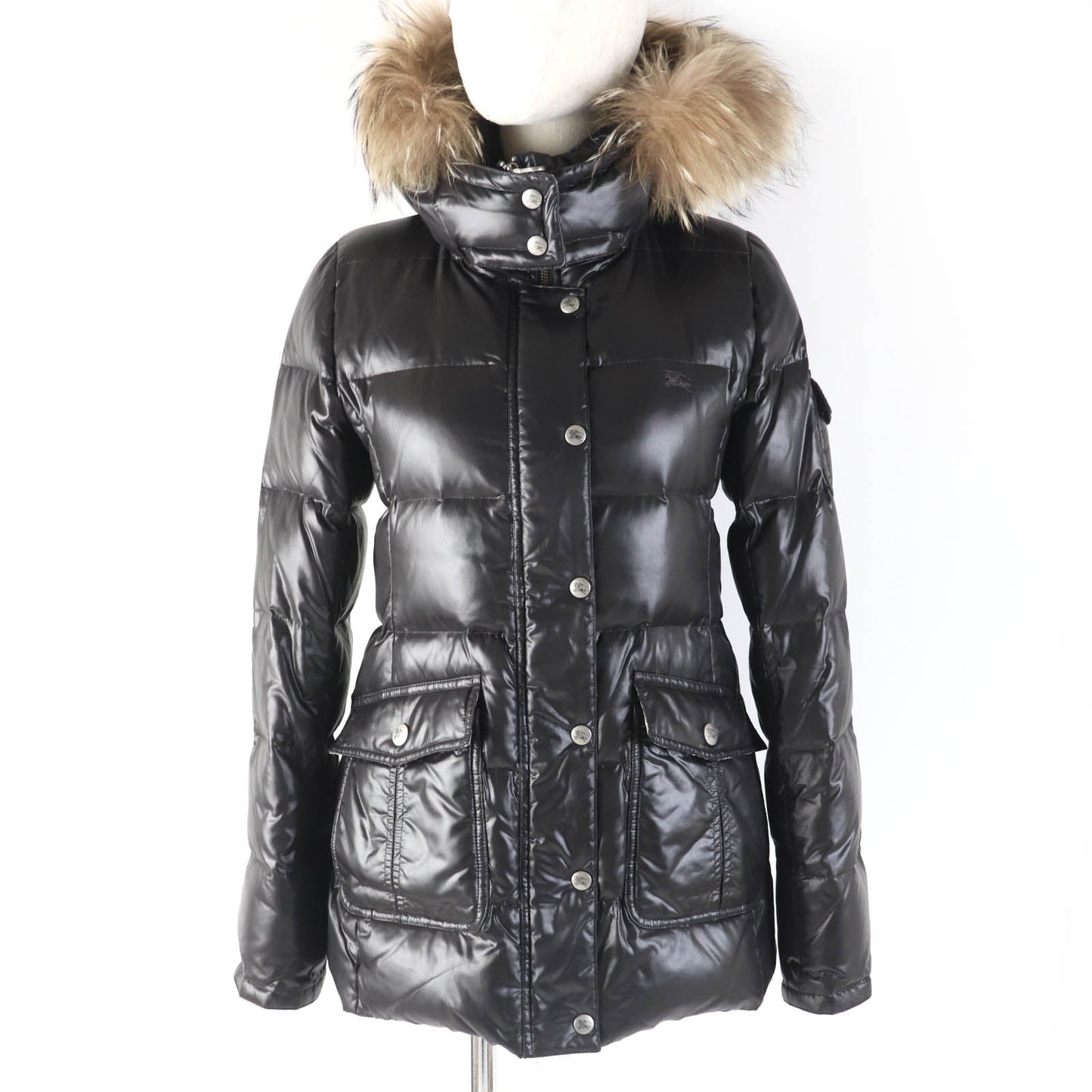 BURBERRY BLUE LABEL Down jacket FCF16-620-09 Main: 100% nylon, Part: 100% polyester, Fur: raccoon, Filling: 90% down, Filling: 10% feather Black type Women 38