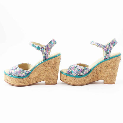 CHANEL Sandals G39812 Tweed, Leather, Cork Multi Wedge sole Women 37 1/2 C