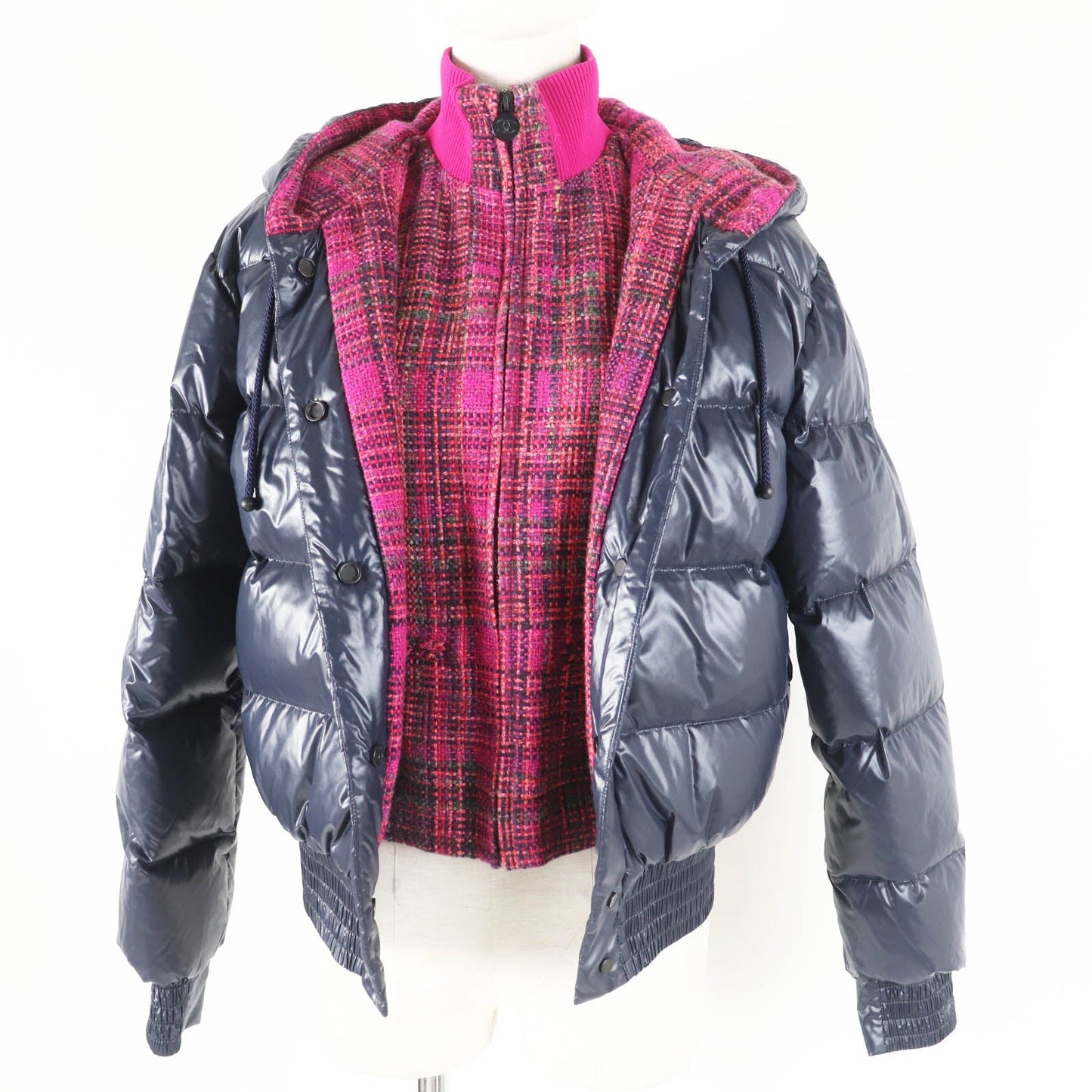 CHANEL Down jacket P59432 Outer: 98% polyamide (nylon), Outer: 2% polyurethane, Filling: 90% down, Filling: 10% feather, Lining: 100% polyamide (nylon), Part: 100% polyester Dark Navy Pink type Coconeige Women 36