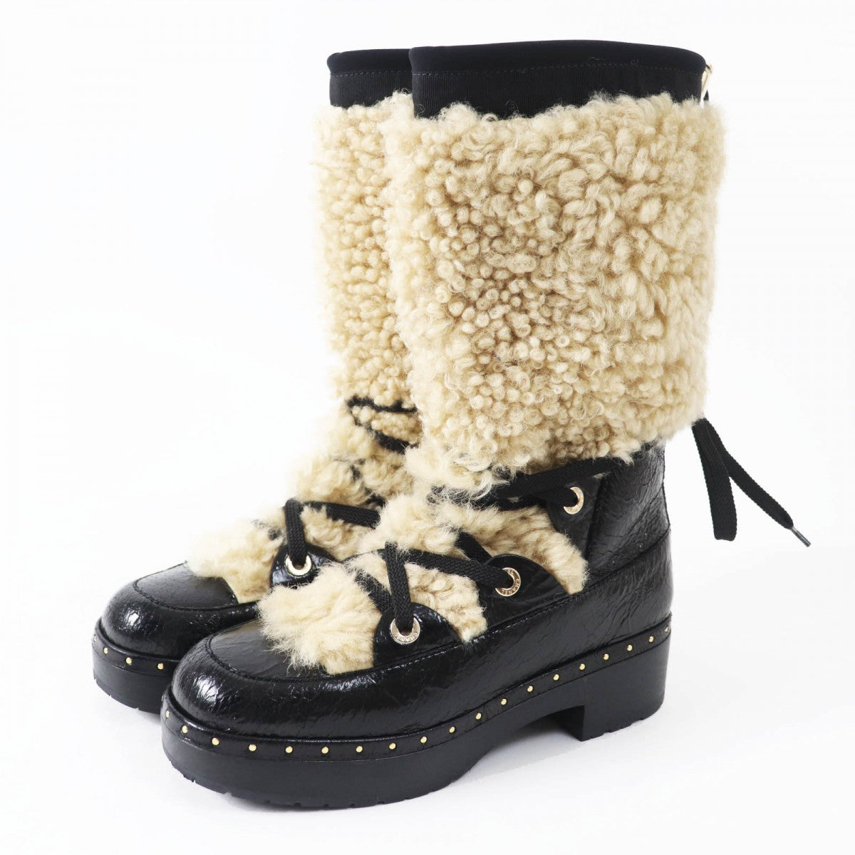CHANEL boots 20B G35157 Main: Leather, Part: Mouton Black beige Women 37