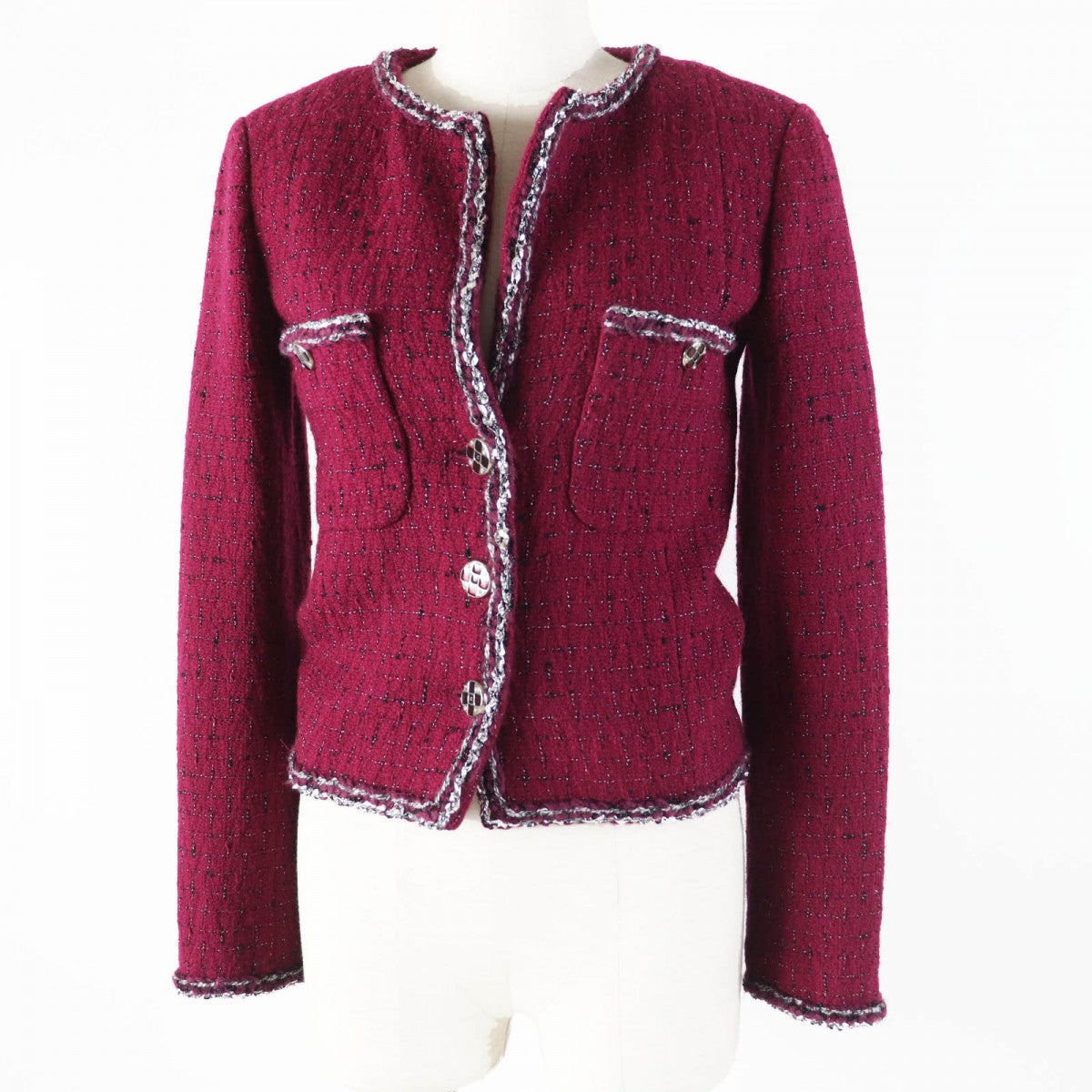 CHANEL Jacket 22A P73183 Outer: 98% wool, Outer: 2% viscose (rayon), Lining: 100% silk Burgundy Black White Women 34
