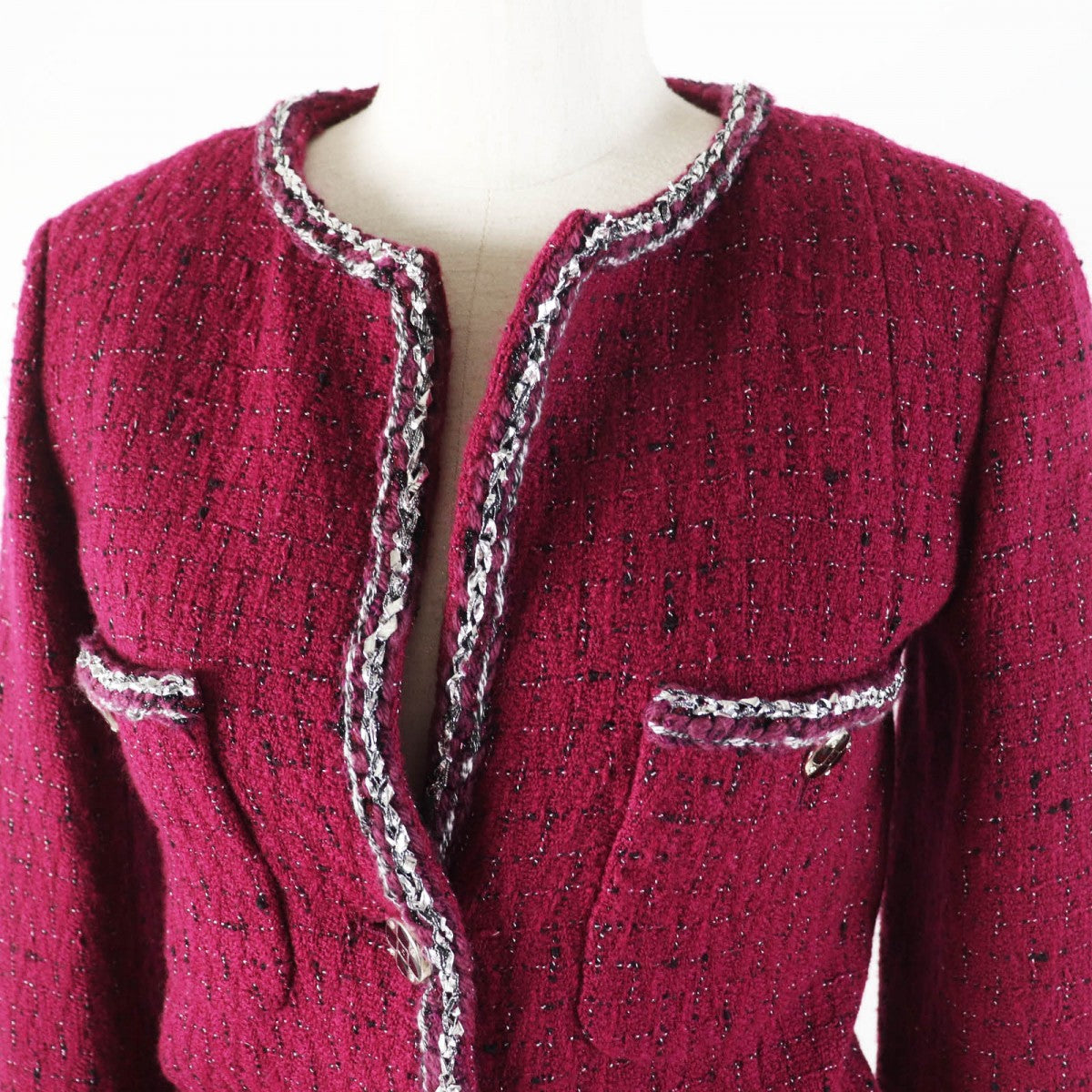 CHANEL Jacket 22A P73183 Outer: 98% wool, Outer: 2% viscose (rayon), Lining: 100% silk Burgundy Black White Women 34