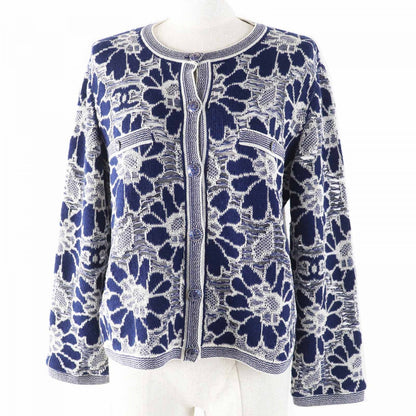 CHANEL cardigan P63038 Main: 52% wool, Main: 32% cotton, Main: 16% polyamide, Part: 55% cotton, Part: 23% wool Navy white Women 38