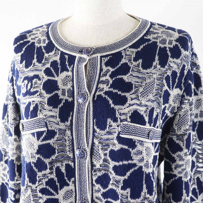 CHANEL cardigan P63038 Main: 52% wool, Main: 32% cotton, Main: 16% polyamide, Part: 55% cotton, Part: 23% wool Navy white Women 38
