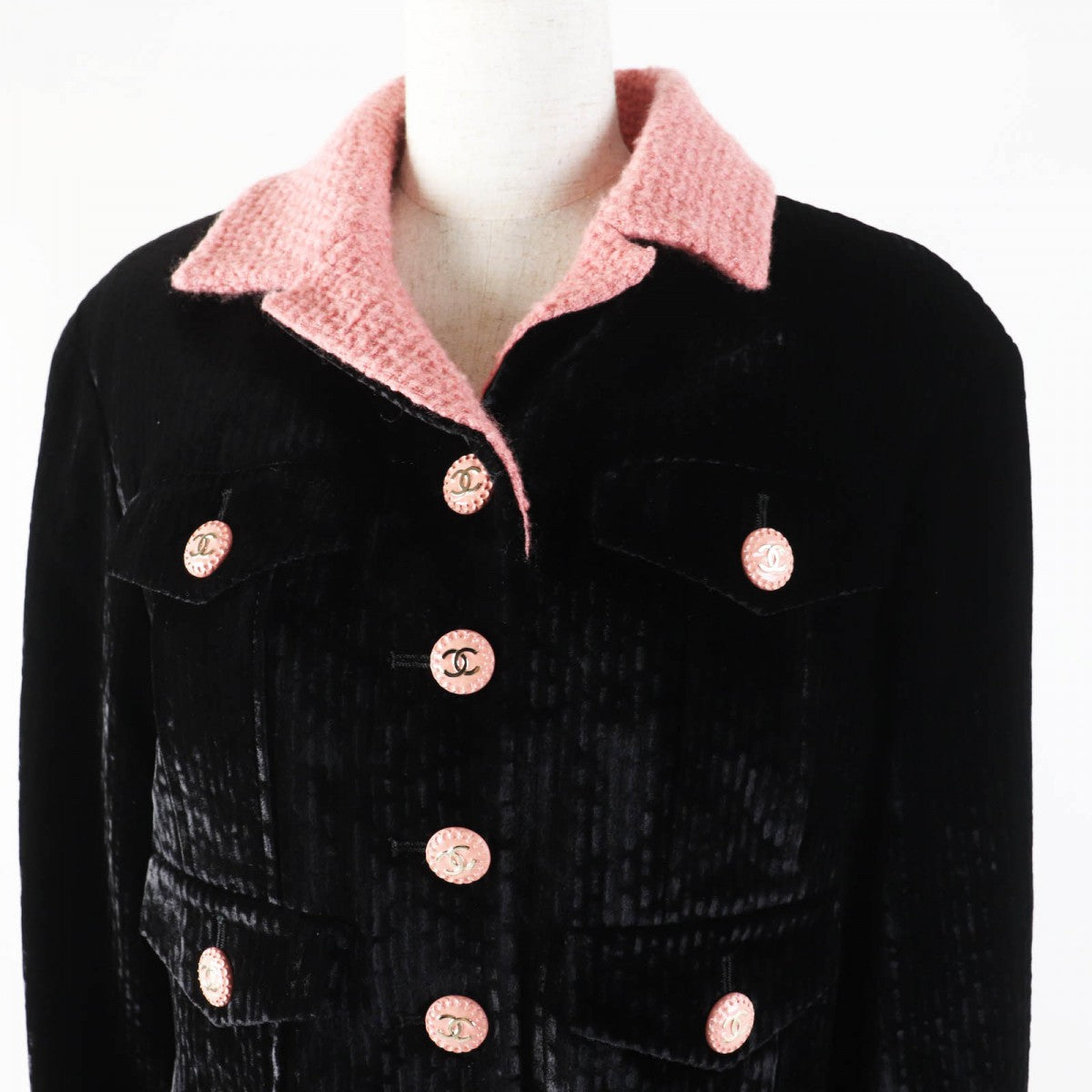 CHANEL coat 22B P73309 Outer: 80% rayon, Outer: 18% silk, Outer: 2% polyester, Lining: 100% silk, Part: 97% wool Black pink Women 38