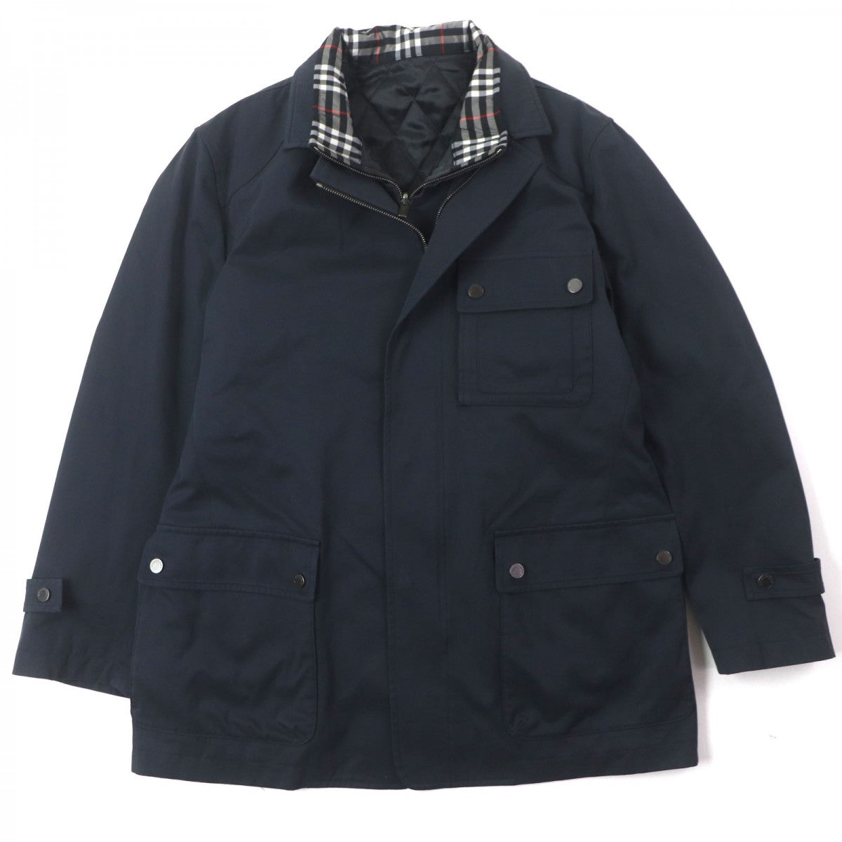 BURBERRY LONDON Military coat Main: 65% cotton, Main: 25% polyester, Main: 10% nylon, Leather part: sheepskin, Lining: cupra, : 10% nylon Lining: cupra : polyester Navy mens M