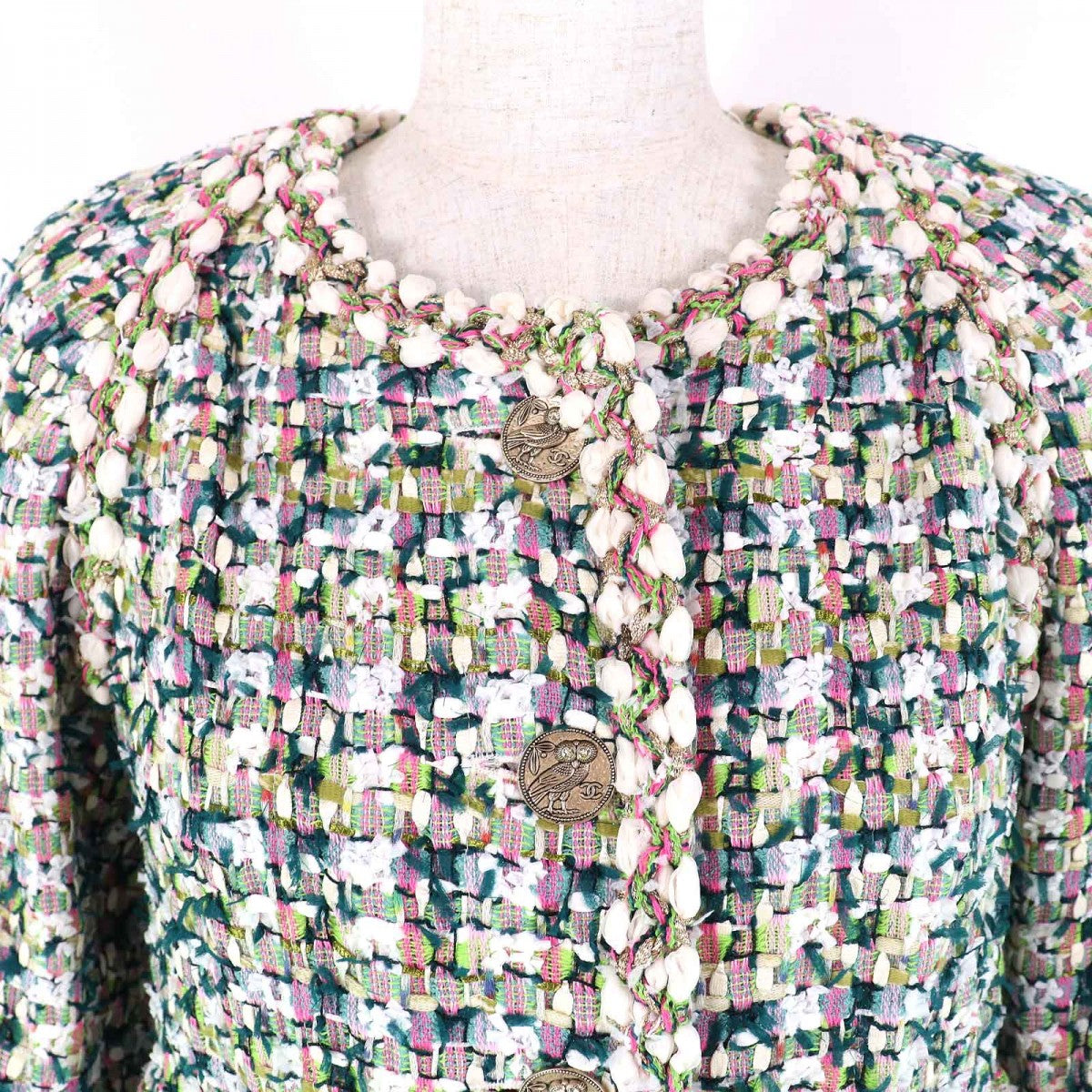 CHANEL No color jacket 18C P57919 Outer: 48% polyamide, Outer: 47% cotton, Outer: 5% viscose, Lining: 100% silk Green White Pink FANTASY TWEED Women 36