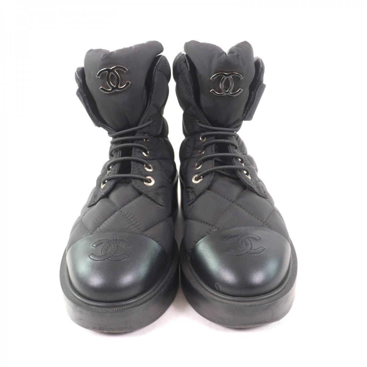 CHANEL short boots G45125 Fabric, Calfskin, Patent Leather black COCO Mark Matrasse Women 35 1/2