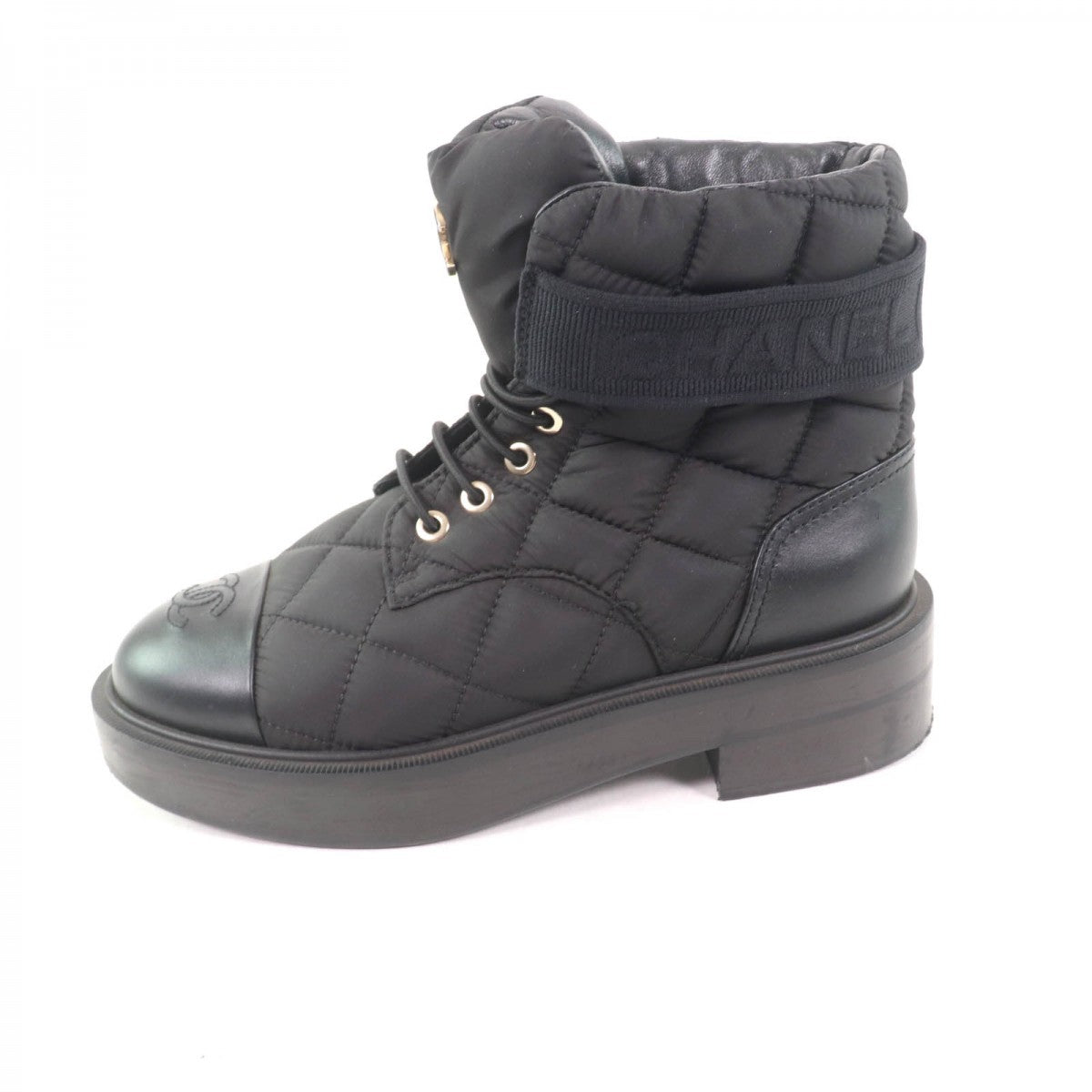 CHANEL short boots G45125 Fabric, Calfskin, Patent Leather black COCO Mark Matrasse Women 35 1/2