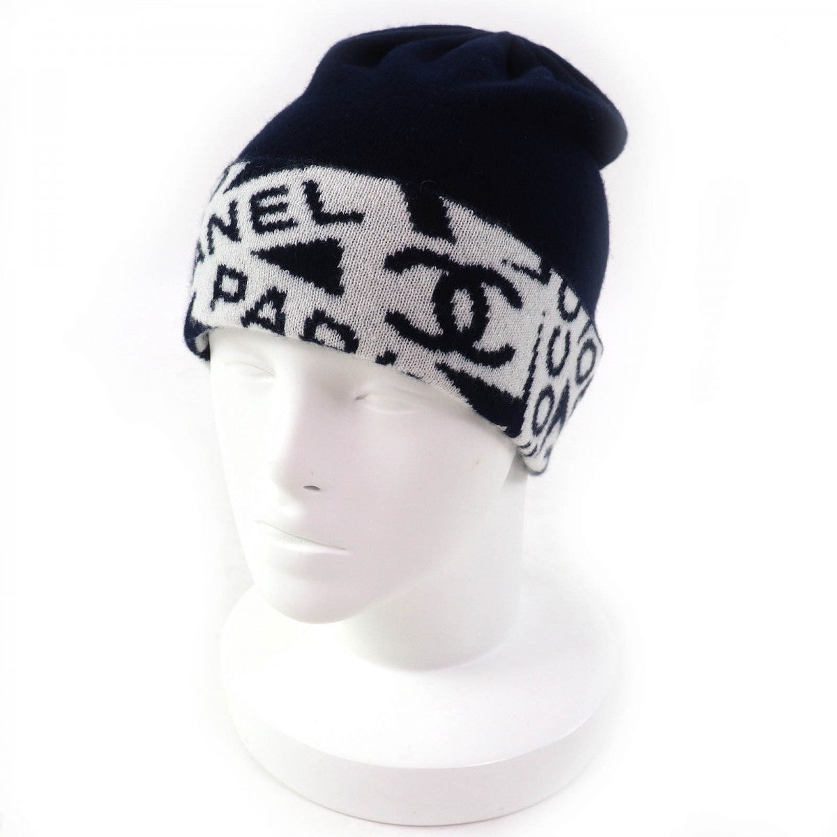 CHANEL Knit cap cashmere Navy white