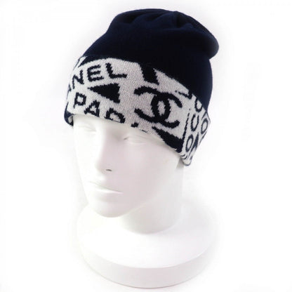 CHANEL Knit cap cashmere Navy white
