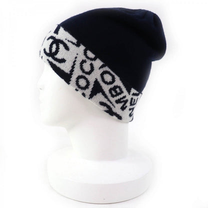 CHANEL Knit cap cashmere Navy white