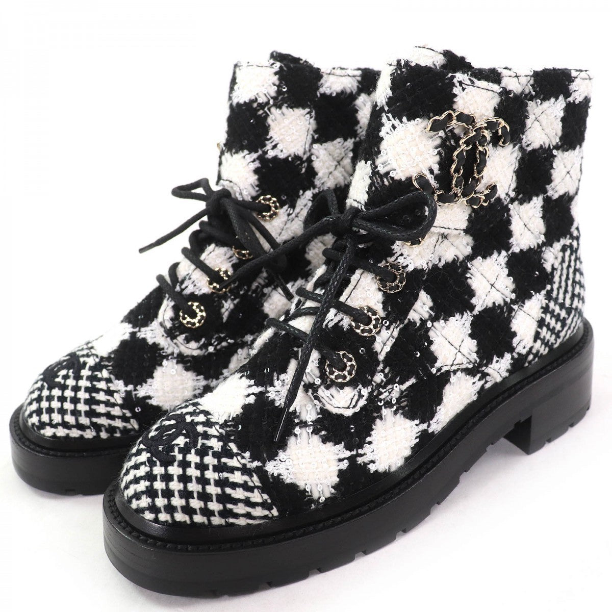 CHANEL Ankle boots G36424 tweed Black White 37 1/2C