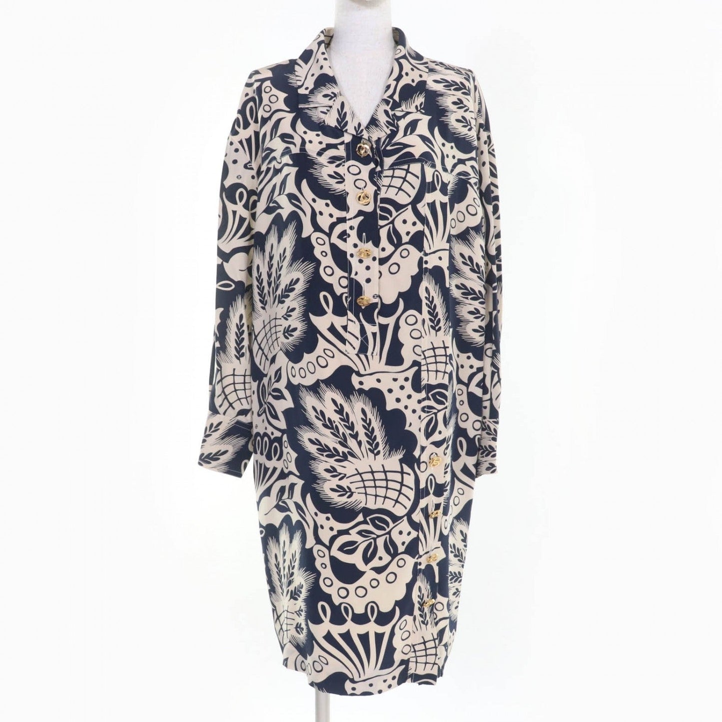 CHANEL one piece silk Beige navy 38