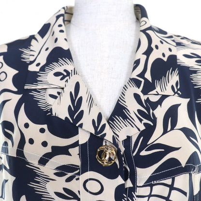 CHANEL one piece silk Beige navy 38