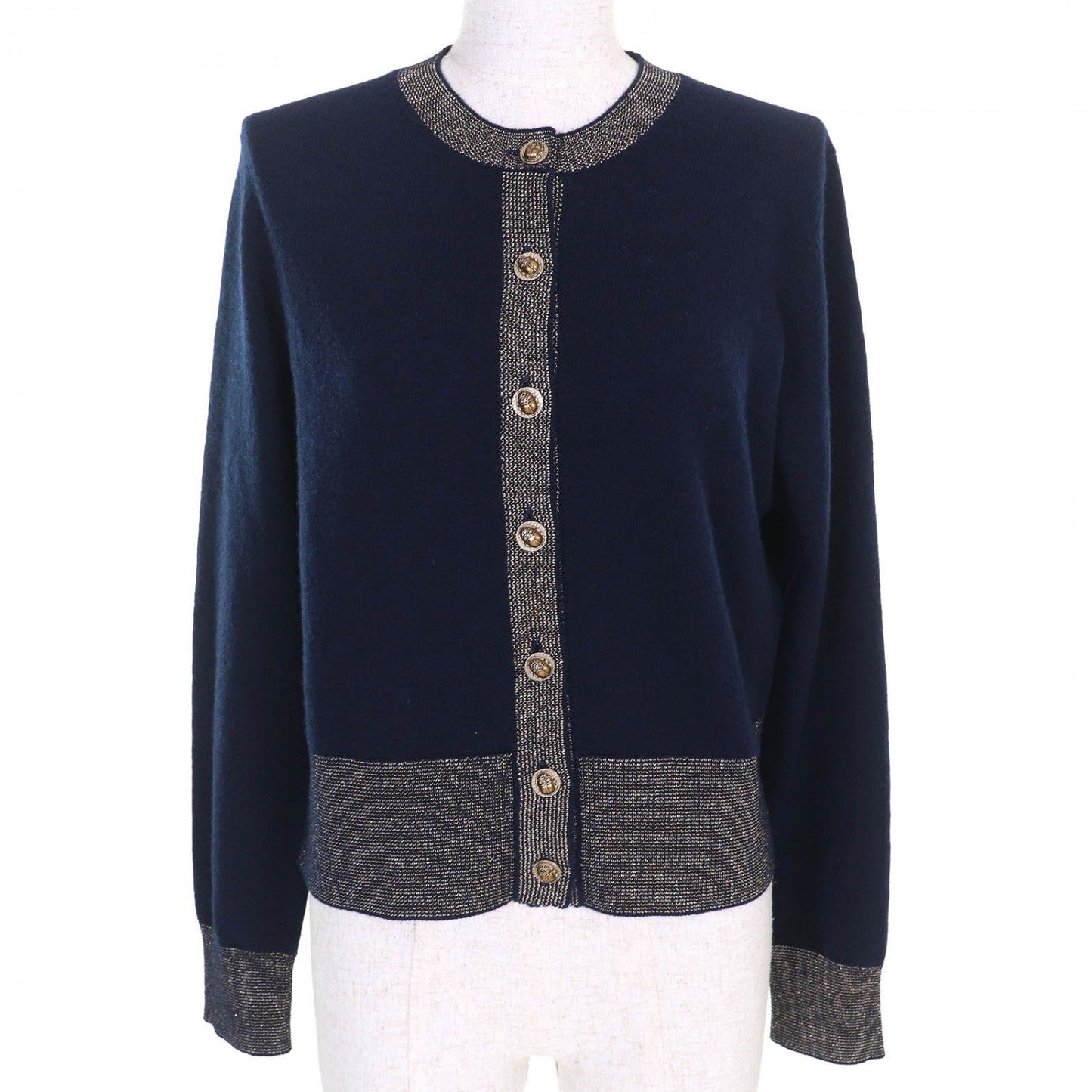 CHANEL cardigan P61656K47200 cashmere Navy gold 38
