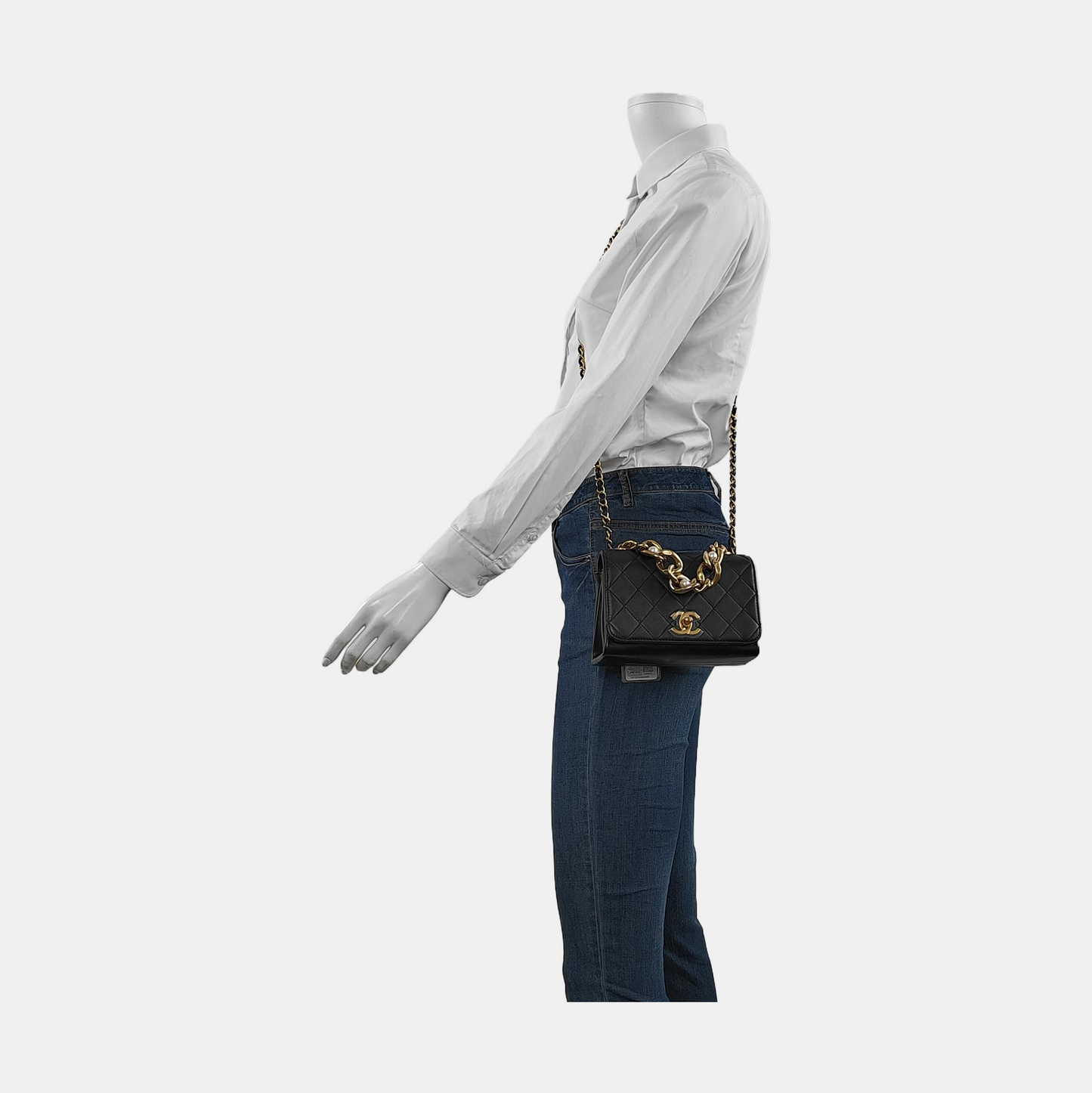 Chanel Classic Flap Mini Pearl Chain Black Lambskin Gold Hardware