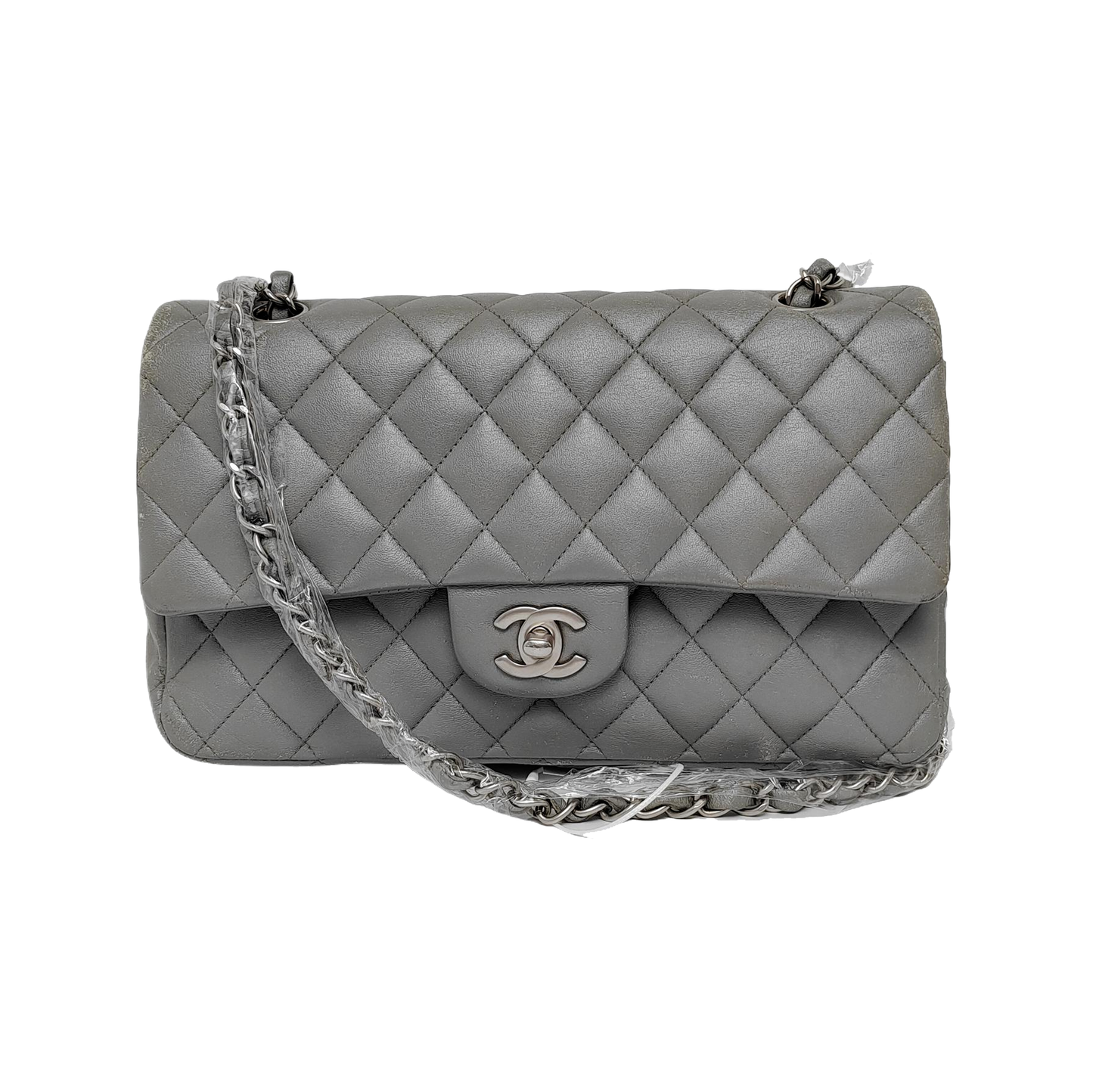 Chanel Timeless Classic Flap Medium Grey Lambskin Leather Silver Hardware