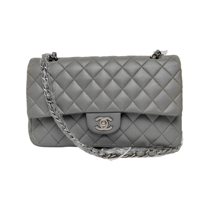 Chanel Timeless Classic Flap Medium Grey Lambskin Leather Silver Hardware