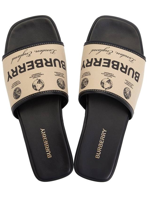 Luxury Burberry Label Print Gabardine Leather Slippers Beige