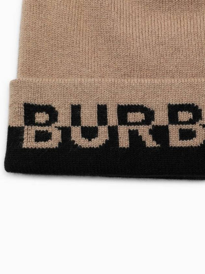 Luxury Burberry Cashmere Intarsia Logo Beanie Brown