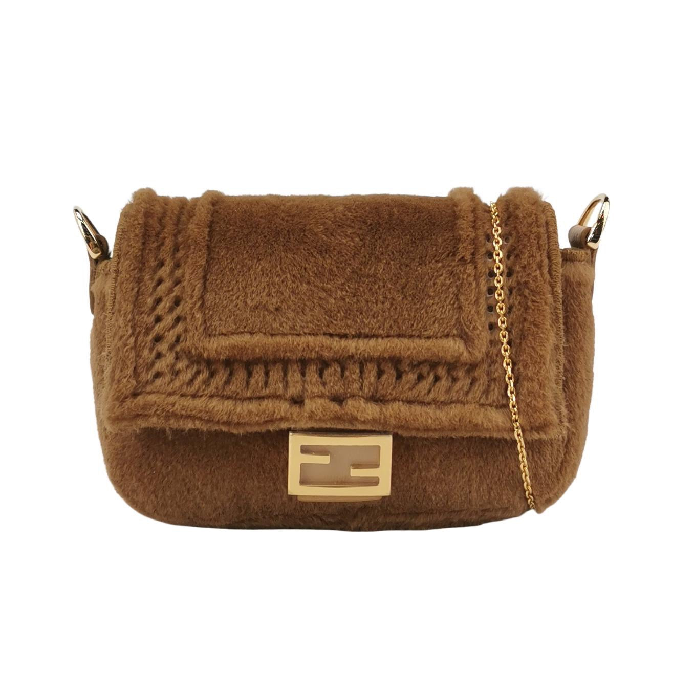 Fendi Nano Baguette Charm Brown Mink Fur with Chain