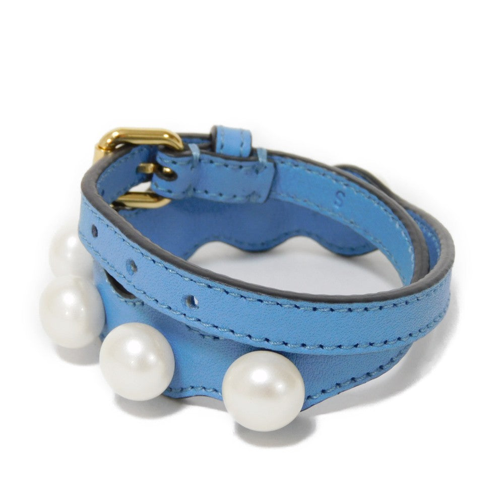 FENDI bracelet Calf leather Light blue S Calfskin Ivory White Double Wrap Double Wrap Good Condition logo engraving Bracelet Bijou Pearl Women
