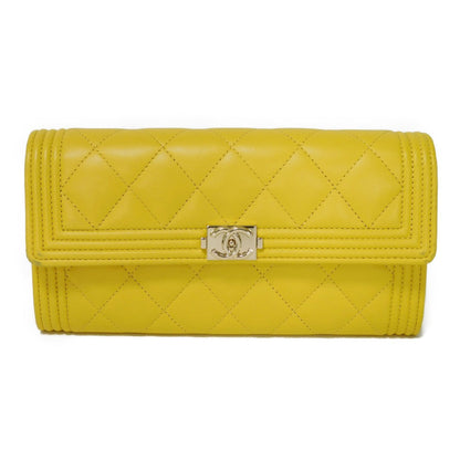 CHANEL Long Wallet Purse A80286 lambskin yellow COCO Mark Quilted Lambskin 27 Series Matrasse Boy Chanel Long Flap Wallet unisex(Unisex)
