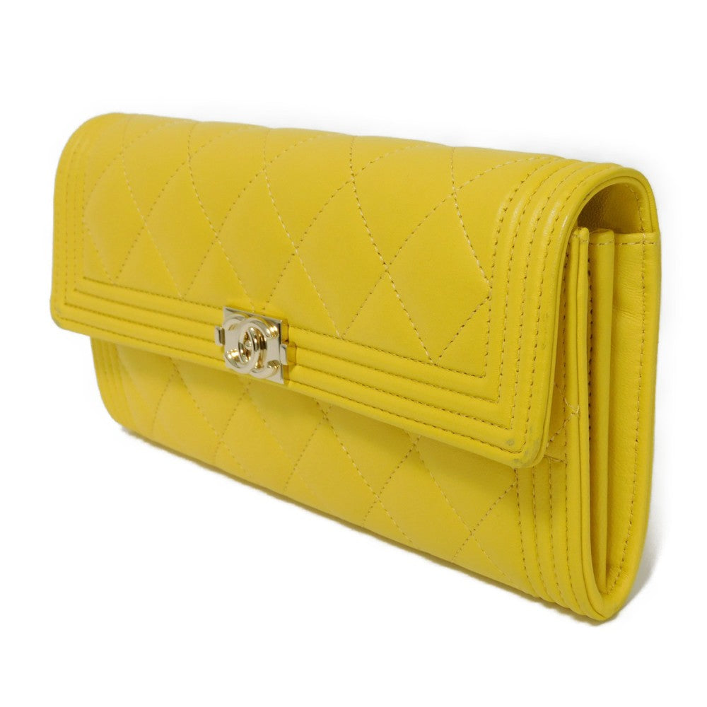 CHANEL Long Wallet Purse A80286 lambskin yellow COCO Mark Quilted Lambskin 27 Series Matrasse Boy Chanel Long Flap Wallet unisex(Unisex)