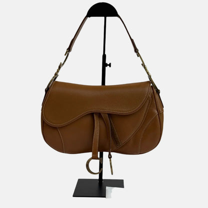 Dior Vintage Double Saddle Brown Leather Gold-tone Hardware