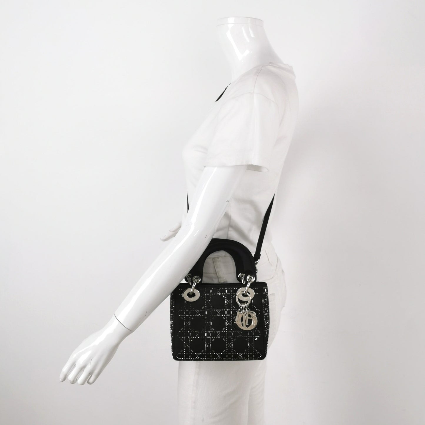 Lady Dior Mini Black Silk with Crystals Silver Hardware