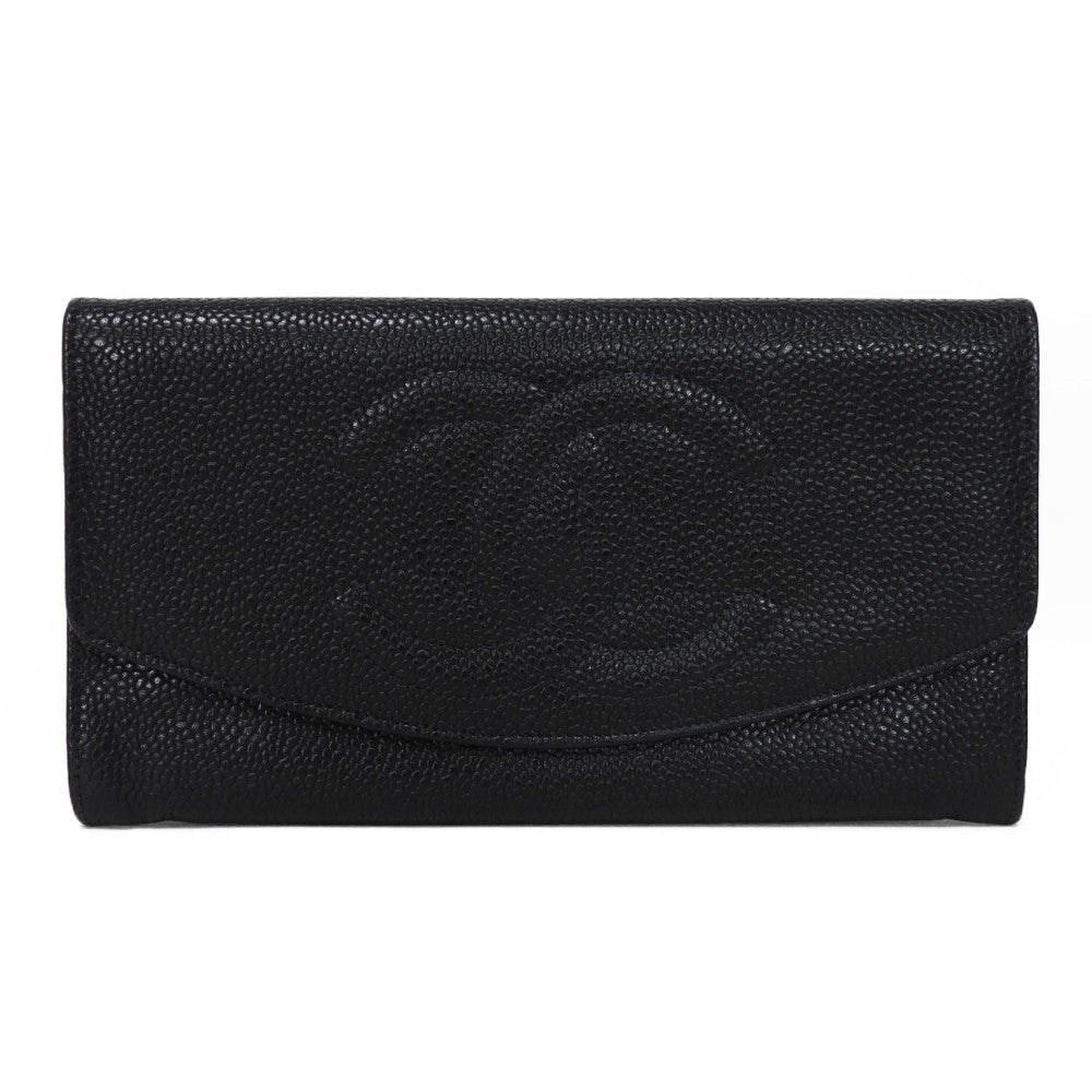 CHANEL Long Wallet Purse A01434 Caviar skin black COCO Mark CC Mark 4th Series Vintage Big Coco Long flap wallet unisex(Unisex)