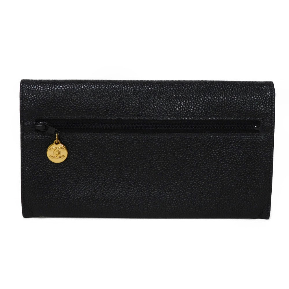 CHANEL Long Wallet Purse A01434 Caviar skin black COCO Mark CC Mark 4th Series Vintage Big Coco Long flap wallet unisex(Unisex)
