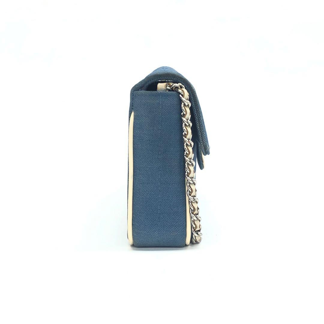 Chanel East West Chocolate Bar Blue Denim Beige Leather Piping Silver Hardware