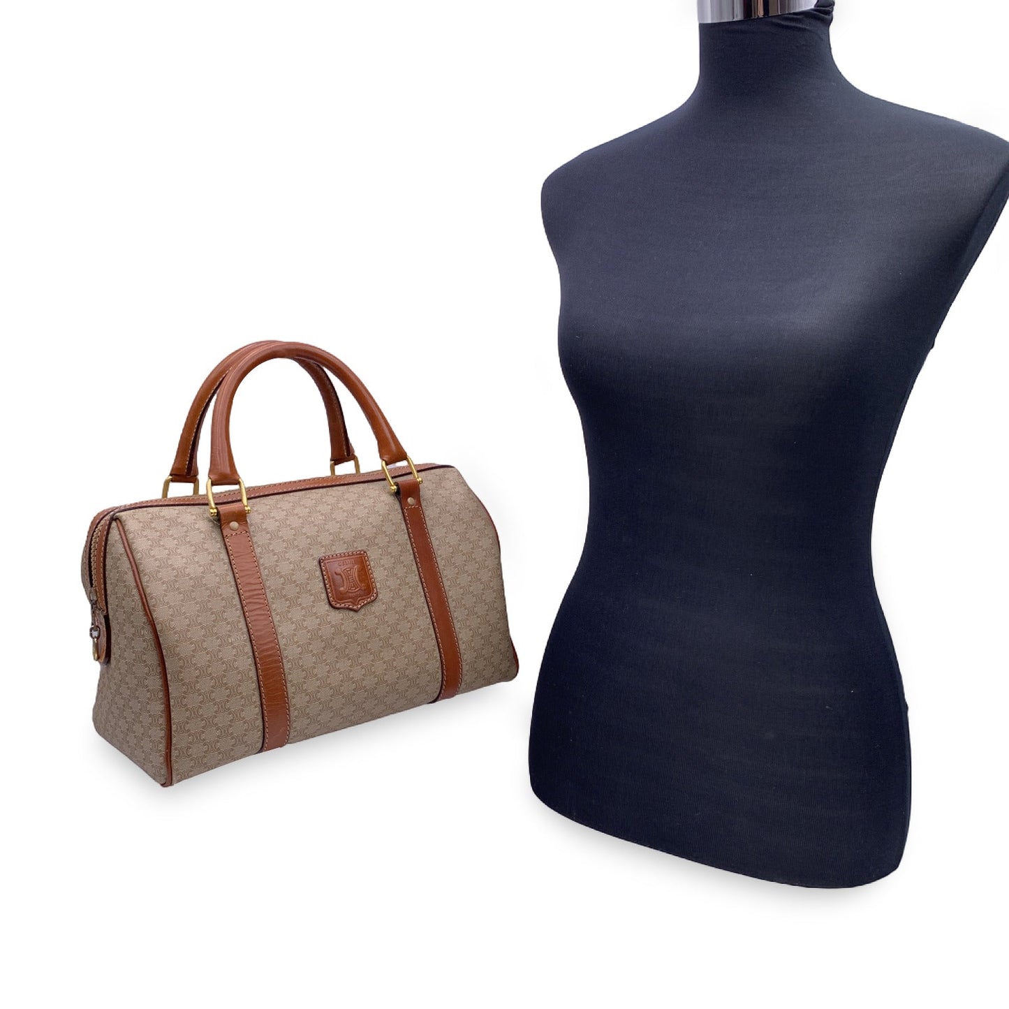 Luxury CELINE Vintage Beige Macadam Canvas Duffel Duffle Boston Bag