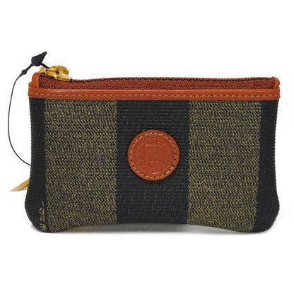 FENDI Coin case fabric Kaiqi Striped Brown Keyring Vintage FF logo Old Pecan Coin Purse unisex(Unisex)