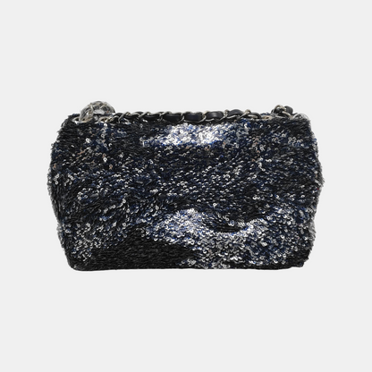 Chanel Paillette Flap Bag Rectangular Mini Glitter Sequins Navy and Silver