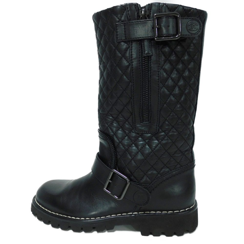 CHANEL boots G28566 lambskin black Belt Quilted Side Zip Engineer CC mark Matelasse COCO Mark Engineer Women 34