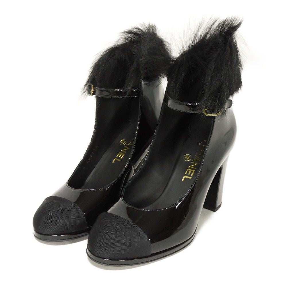 CHANEL pumps G45174 Patent leather x fur black COCO Mark Mary Jane Patent Fur 36C